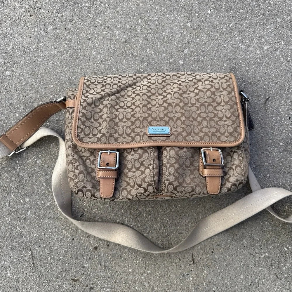 Coach Signature Small‎ Messenger Bag Jacquard Khaki/Camel HANDBAG PURSE F70283